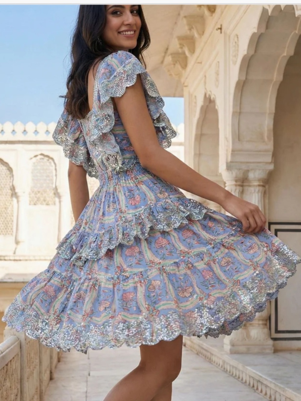 💎NWT STUNNING RARE handmade Ruffled Boho Mini Dress w GORGEOUS embellishment